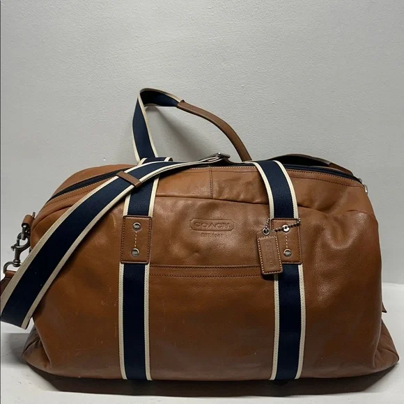 Coach Boston Bag Heritage Duffle Striped Travel 2 Way Shoulder Strap Navy Brown - Picture 3 of 16
